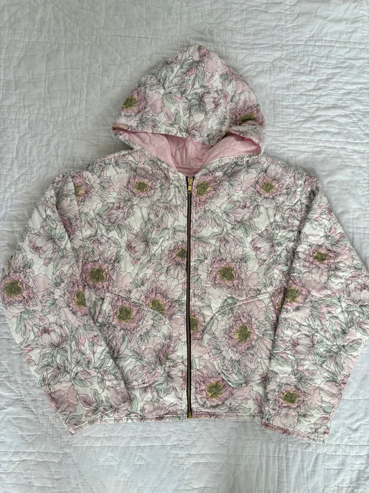Pink Floral Hooded Cropped Jacket