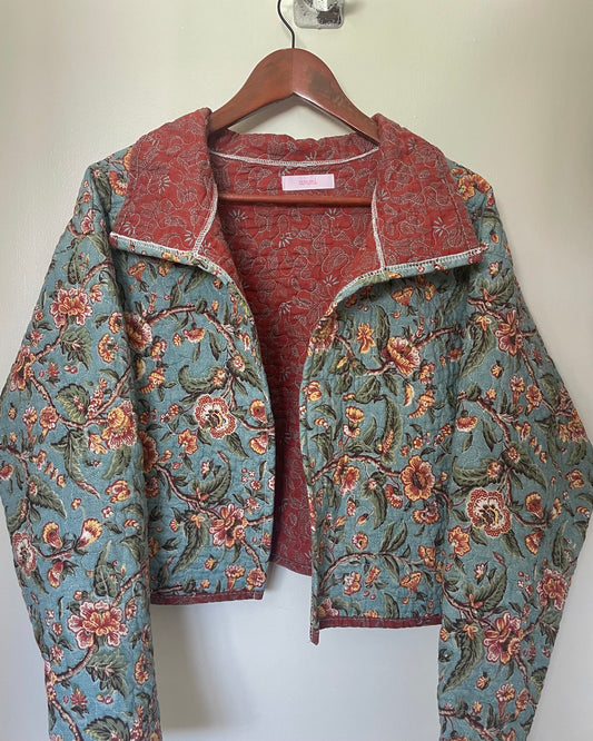 Blue Floral Cropped Quilted Jacket