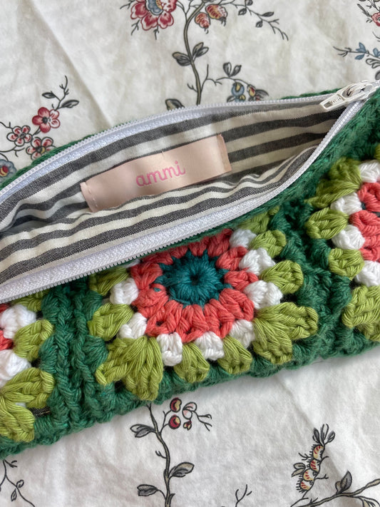 Green Granny Square Crochet Pouch